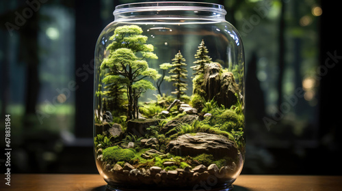 A terrarium jar filled with moss and green plants.