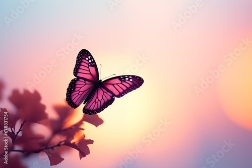A pink butterfly against a soft pastel sunset. Dreamy and ethereal mood. Beauty of flowers and nature. Design for seasonal poster  spa promotion  or banner with free space for text