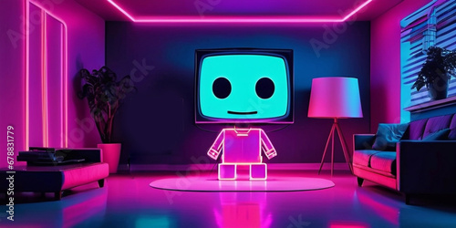 TV Head Person Icon Neon Lit Body in Living Room Cyberpunk Purple Lighting