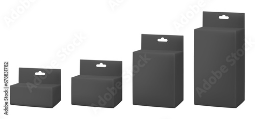 Set of black paper packaging boxes with hanging hole. Blank product package mockup.