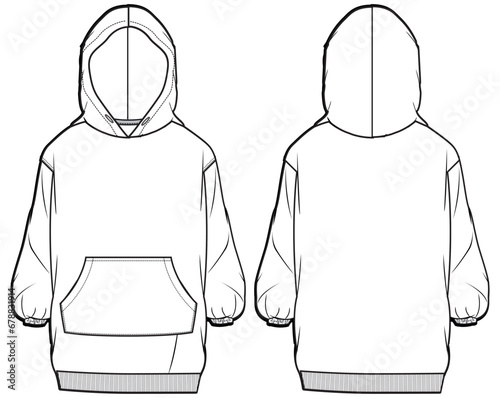 Long sleeve Hoodie jacket design flat sketch Illustration, Hooded sweater jacket with front and back view cad drawing template, winter jacket for women. for hiker, outerwear and workout in winter