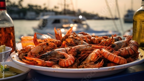 Close-up of prawn and lobster dishes on boat in Islas del Rosario, Cartagena, Colombia.

