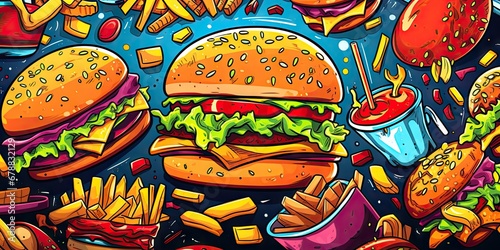 funny doodle pattern of fast food in different sizes Generative AI