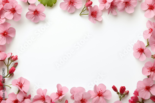White space bordered by vibrant geranium flowers and buds