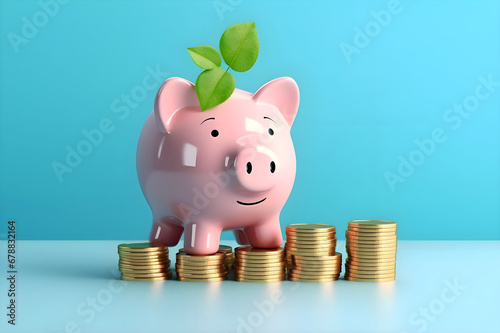 Smiling pink pig piggy bank, a stack of gold coins and a green plant growing, isolated on blue background. Investment success, savings concept