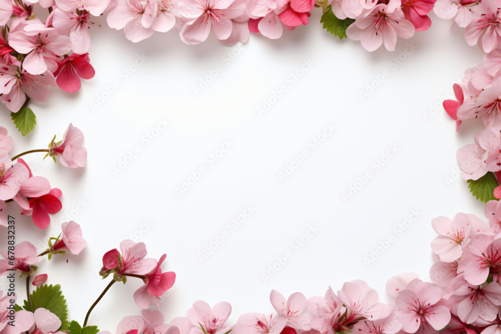 Pink and red geranium flowers encircling a white space Pink and red geranium flowers encircling a white space