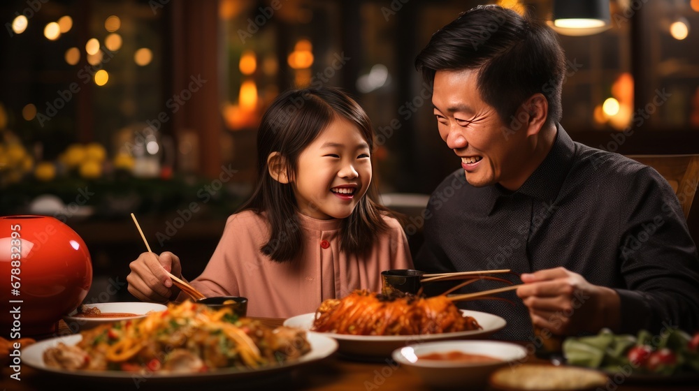 Asian family eating food together in a restaurant. asian family
