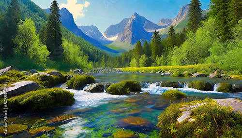 Thick evergreen cover  a gentle river  mossy rocks  and distant mountain peaks shape a peaceful and natural vista.