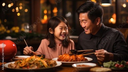 Asian family eating food together in a restaurant. asian family