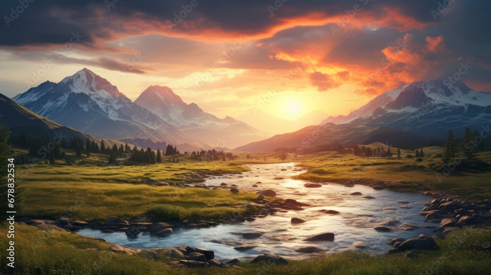 Beautiful mountain landscape with river and snow-capped peaks at sunset