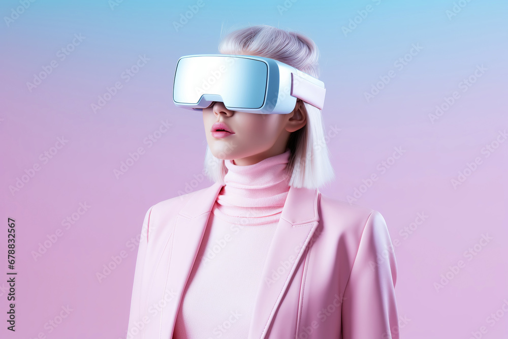 Young woman wearing virtual reality glasses on futuristic minimal neon background. Augmented reality