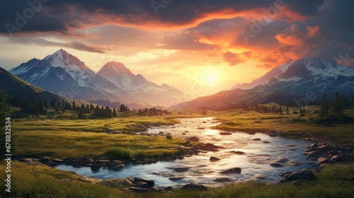 Beautiful mountain landscape with river and snow-capped peaks at sunset