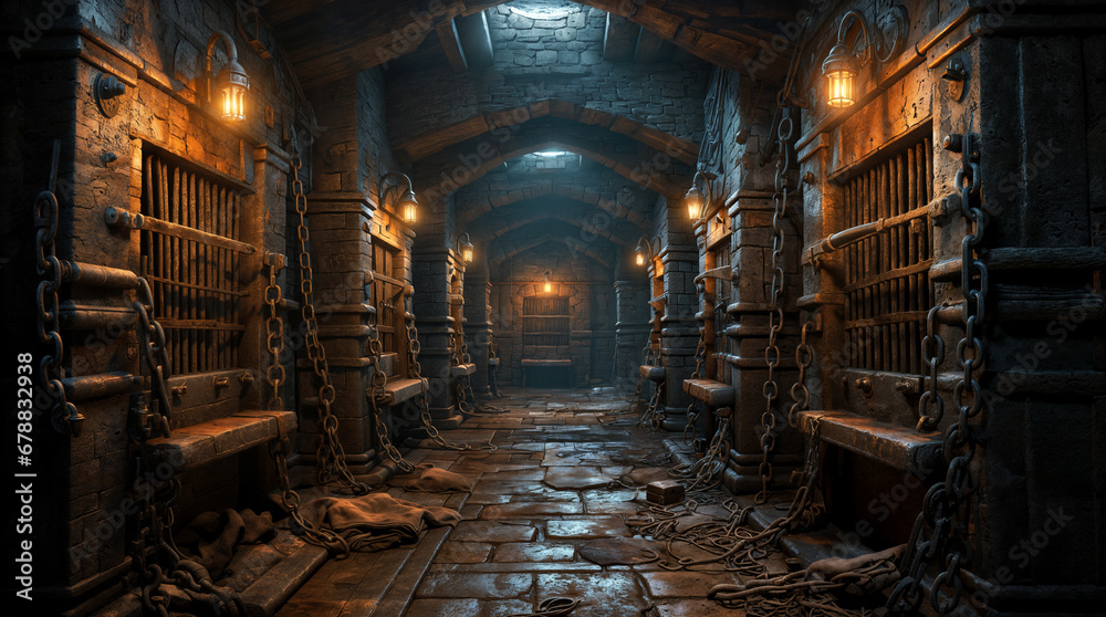 Underground old medieval dungeon jail cells, fantasy aventure tabletop role play game setting, dark and creepy rp table top background, hd - obrazy, fototapety, plakaty 