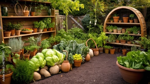 Vegetables in pots on the garden bed. Gardening concept photo