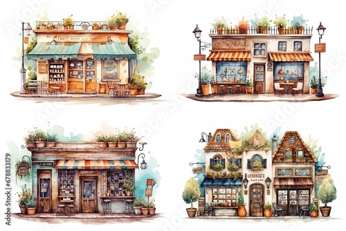 watercolor illustration cartoon, exterior design coffee shop, Generative Ai
