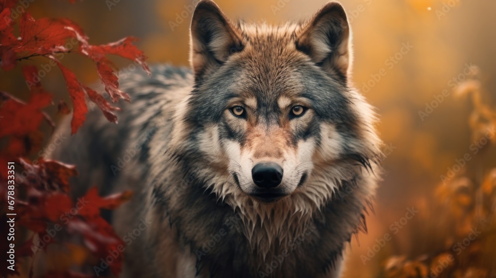 Wolf in the forest on a background of autumn leaves