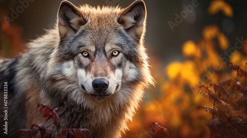 Wolf in the autumn forest. Beautiful portrait of a wolf © Ali