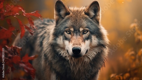 Wolf in the forest on a background of autumn leaves