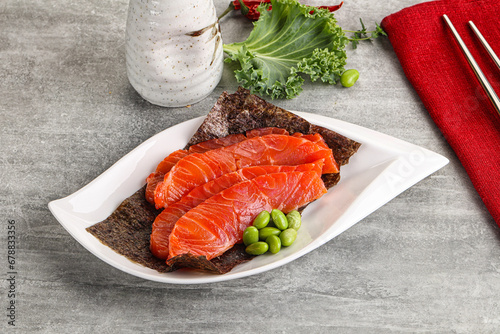 Sliced salmon sashimi in the plate