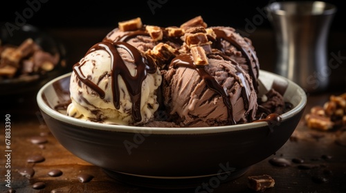 Chocolate ice cream with wafer rolls in a bowl on wooden background