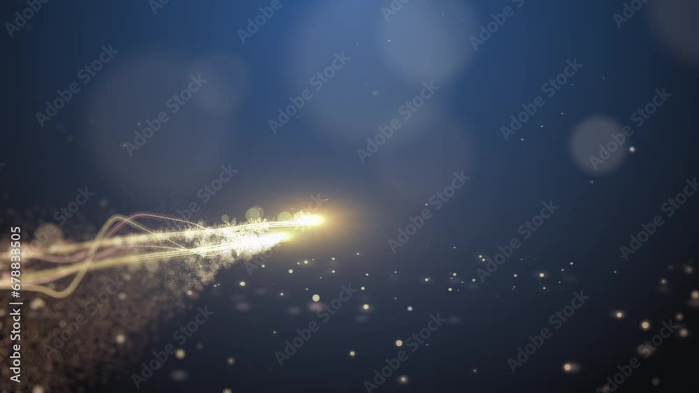 Glowing gold Christmas tree animation with particles lights stars and snowflakes on blue. Holiday concept and background 4k