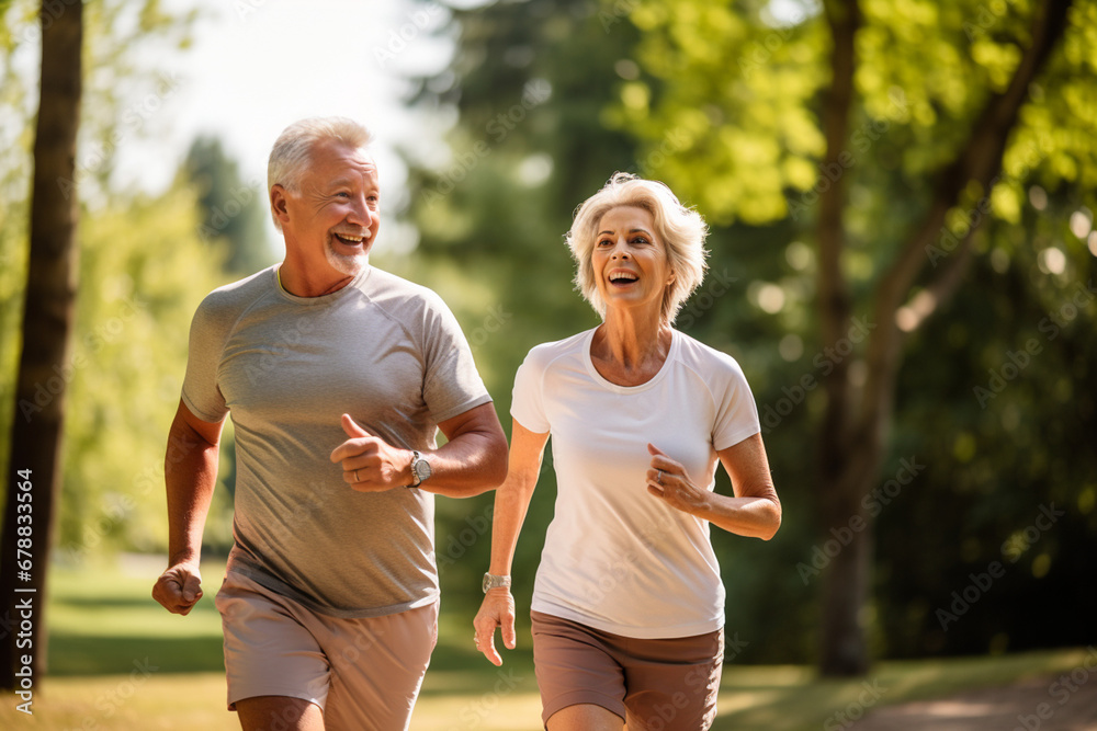 Elderly old couple jogging in a park: Celebrating health and fitness in later life Elderly old couple jogging in a park: Celebrating health and fitness in later life