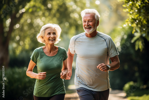 Elderly old couple jogging in a park  Celebrating health and fitness in later life