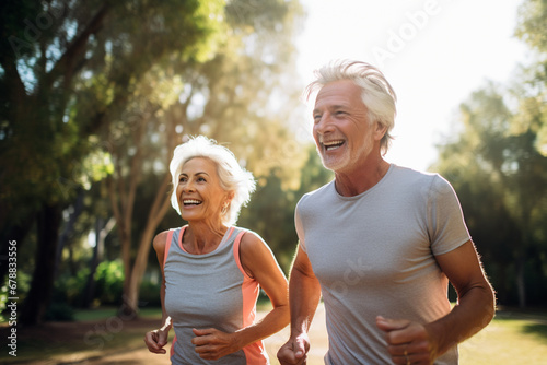 Elderly couple jogging in a park: Celebrating health and fitness in later life © Moritz