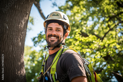 Smiling arborist with helmet leaning on a tree