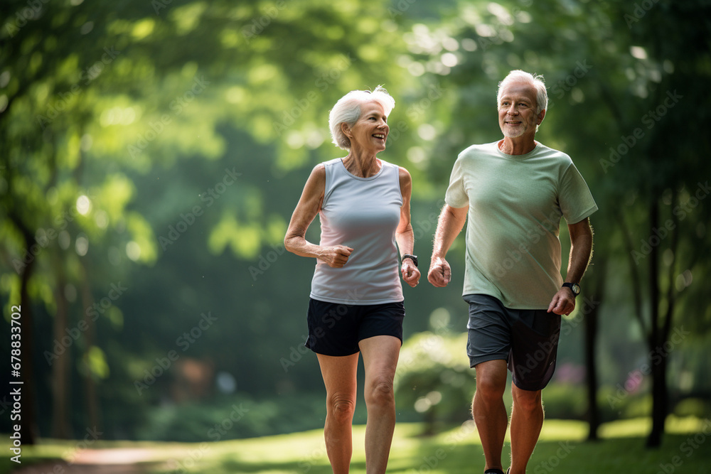 Elderly old couple jogging in a park: Celebrating health and fitness in later life