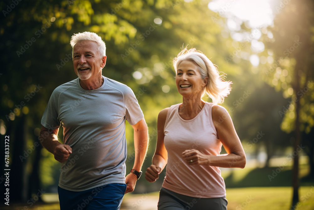 Elderly old couple jogging in a park: Celebrating health and fitness in later life