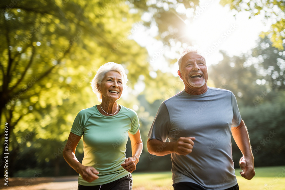 Elderly old couple jogging in a park: Celebrating health and fitness in later life