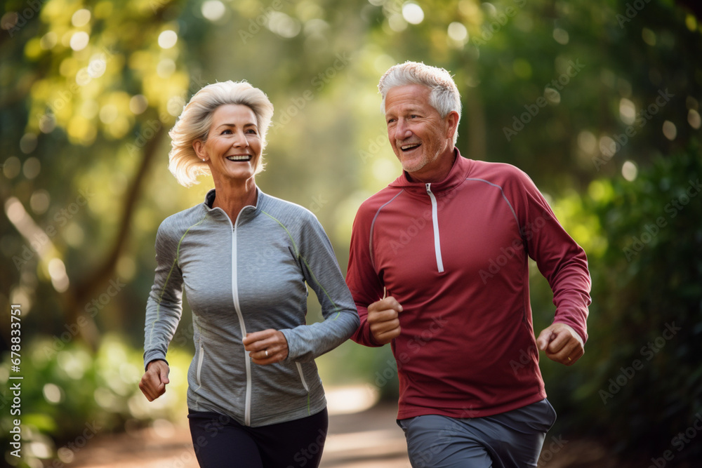 Elderly couple jogging in a park: Celebrating health and fitness in later life