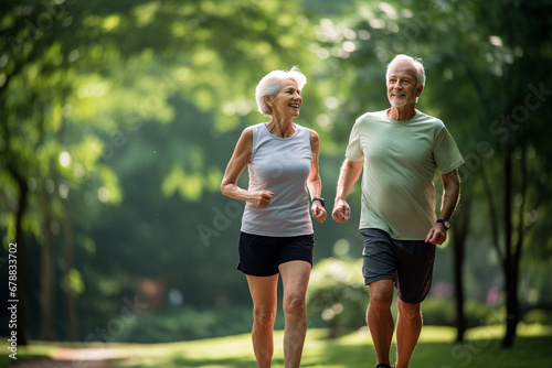 Elderly old couple jogging in a park: Celebrating health and fitness in later life