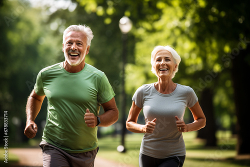Elderly old couple jogging in a park  Celebrating health and fitness in later life