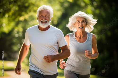 Elderly old couple jogging in a park: Celebrating health and fitness in later life