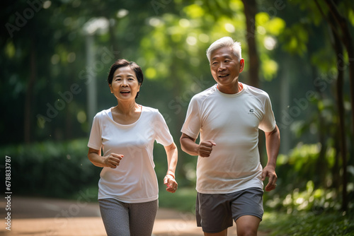 Elderly old couple jogging in a park: Celebrating health and fitness in later life