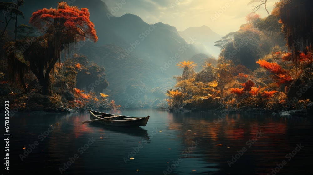 Fantasy landscape with boat in a lake