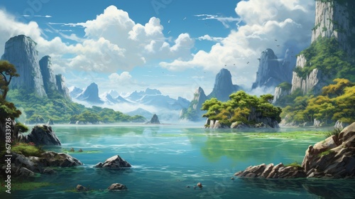 Fantasy landscape with lake and mountains