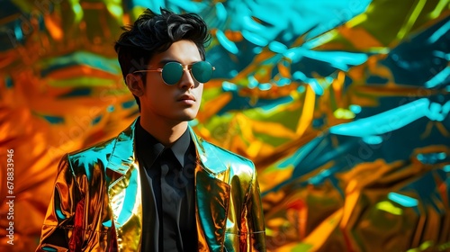 Gentleman wearing green glasses on luxury colorful background , Beautiful fictional male model in colorful stylish fashion clothes and sunglasses