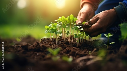 Farmer planting seedling in fertile soil with sunlight. Gardening and agriculture concept photo