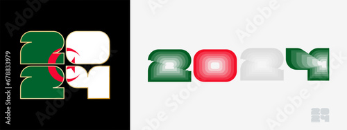 Year 2024 with flag of Algeria and in color palate of Algeria flag. Happy New Year 2024 in two different style.