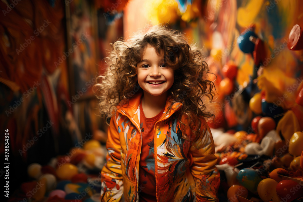 Cheerful young girl with curly hair smiling brightly amidst a colorful backdrop of balloons, radiating joy and childhood excitement.