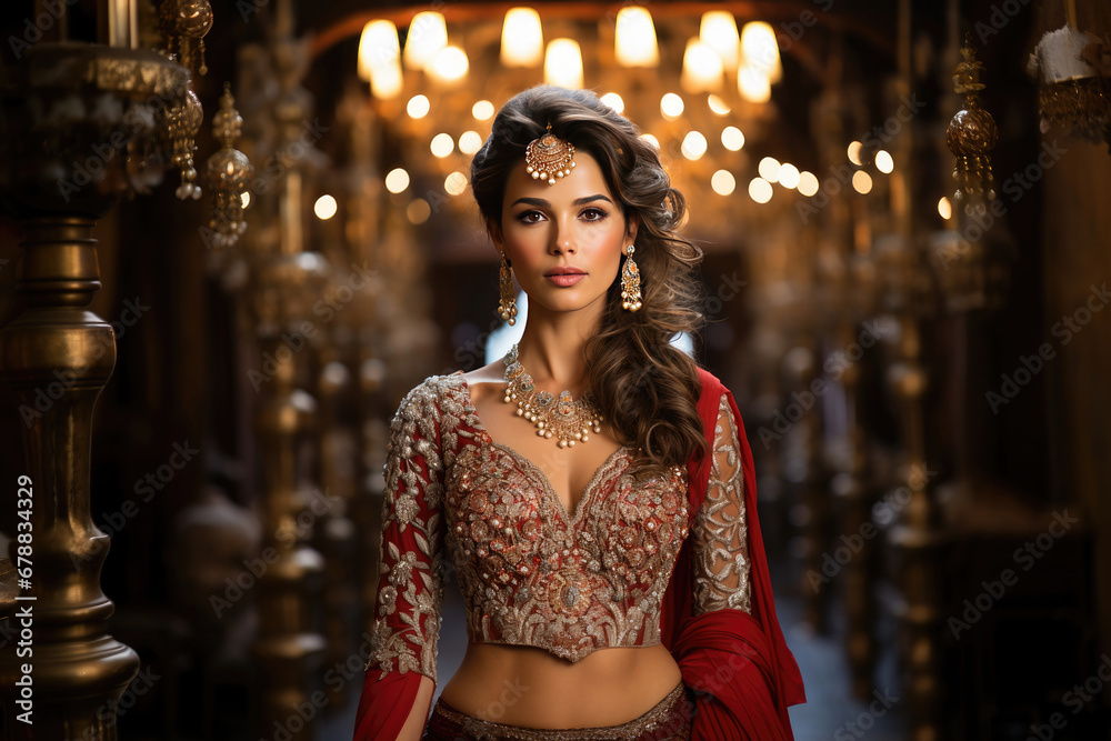 Elegant woman in traditional Indian sari and jewelry posing in a luxurious setting with ornate chandeliers. Elegant woman in traditional Indian sari and jewelry posing in a luxurious setting with ornate chandeliers.