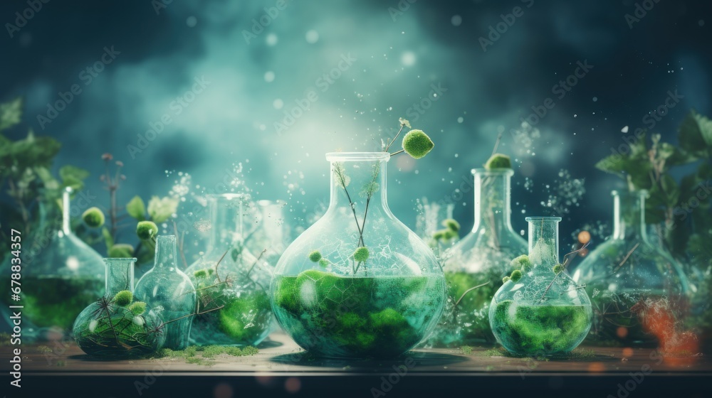 Laboratory glassware with green plants on dark background