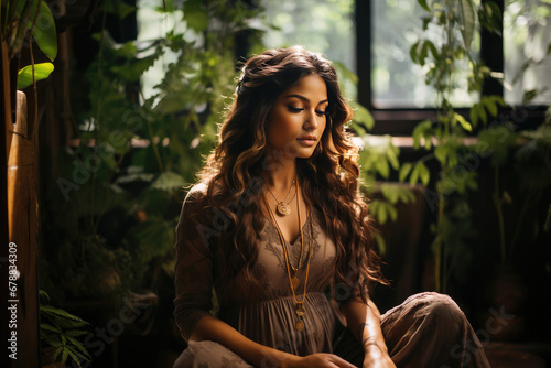 Elegant woman sitting indoors surrounded by plants with natural sunlight highlighting her beauty and style.