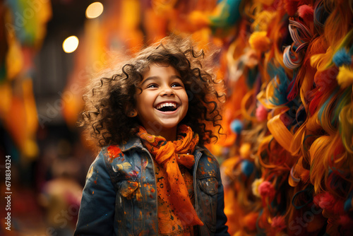 A joyful young girl with curly hair smiling brightly, surrounded by vibrant colors in a festive outdoor setting.