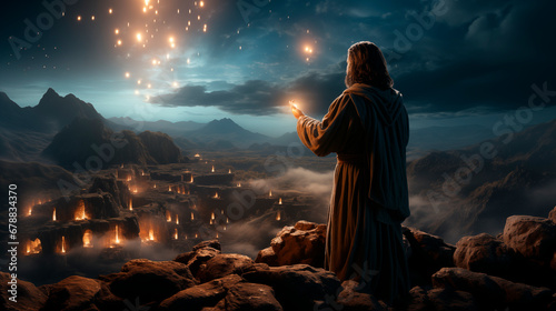 a man who looks like a prophet holds fire in his hand against the backdrop of a night city photo