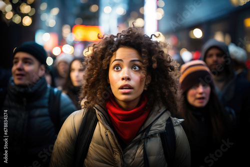 Surprised young woman with an astonished expression amidst a crowd of people on a vibrant city street at night.