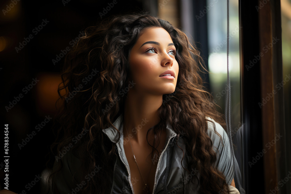 A captivating portrait of a young woman with curly hair, gazing out a window, lost in serene contemplation. A captivating portrait of a young woman with curly hair, gazing out a window, lost in serene contemplation.